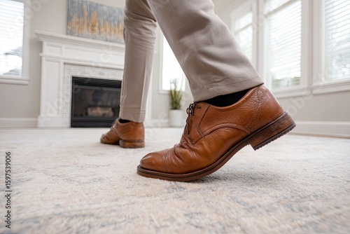 Person walking on beige carpet in a light-filled room