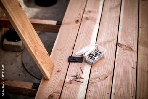 a terrace floor with douglas fir planks is being built
