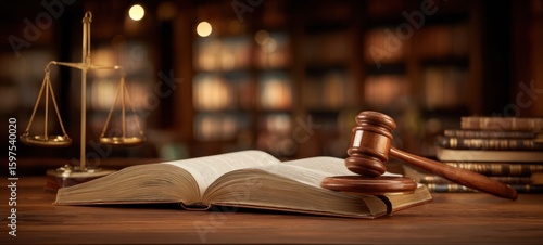 The gavel and scales of justice resting on a legal book in a law library.