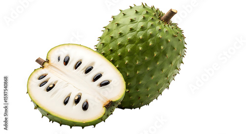 Whole and halved soursop fruit showing its white flesh and black seeds isolated on transparent background
