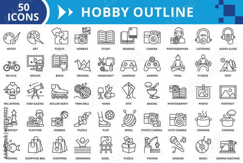 Hobby outline icon set collection vector illustration