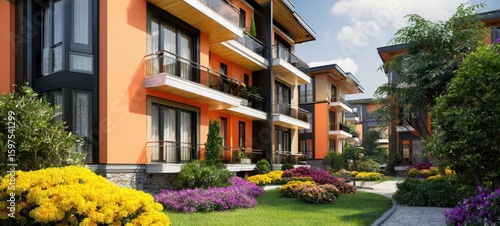 The modern residential apartments surrounded by vibrant gardens and lush greenery.
