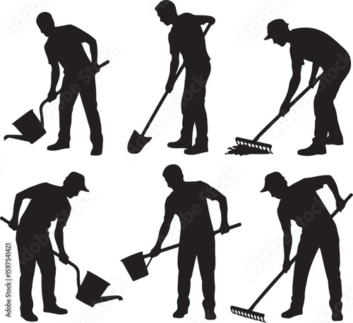 Collection Of Silhouettes vector Of Farmworkers. Icons of workers with diverse tools and instruments. Silhouettes of Farmers Working with Shovels, Rakes, and Hoes in Fields