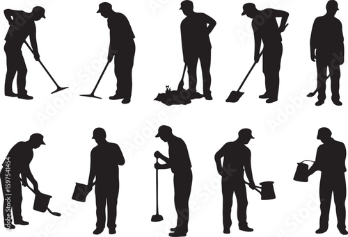 Collection Of Silhouettes vector Of Farmworkers. Icons of workers with diverse tools and instruments. Silhouettes of Farmers Working with Shovels, Rakes, and Hoes in Fields