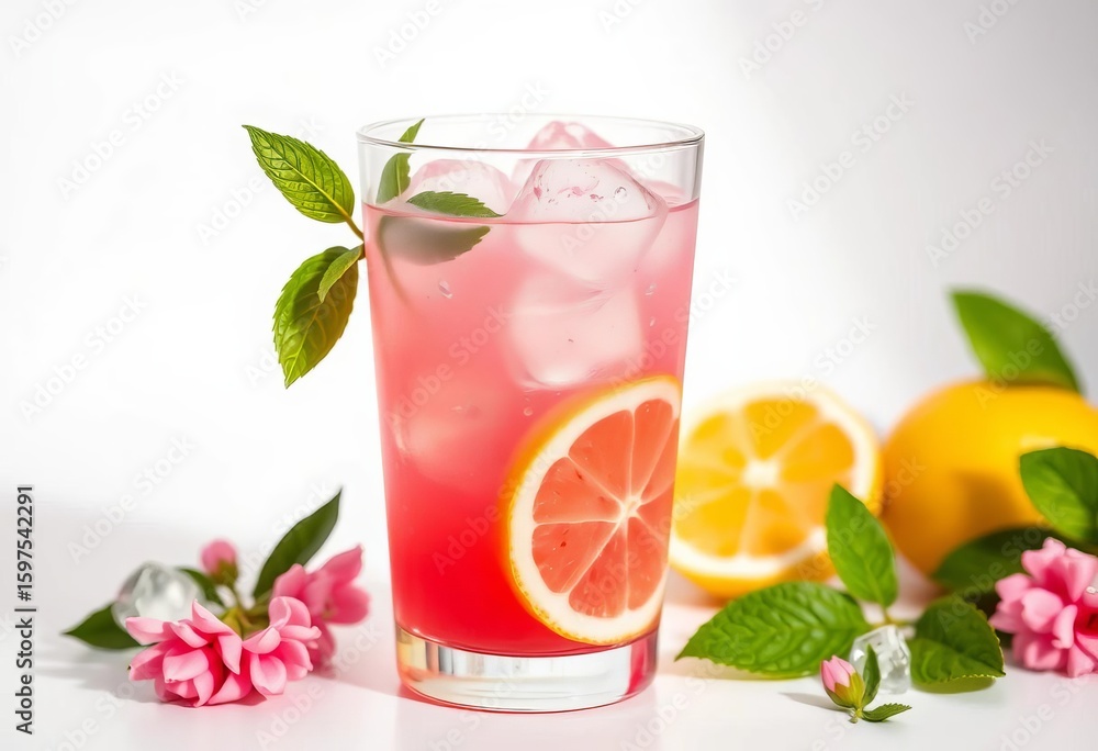 Fototapeta premium Glass of pink lemonade on white background, ice cubes visible, clean, studio shot