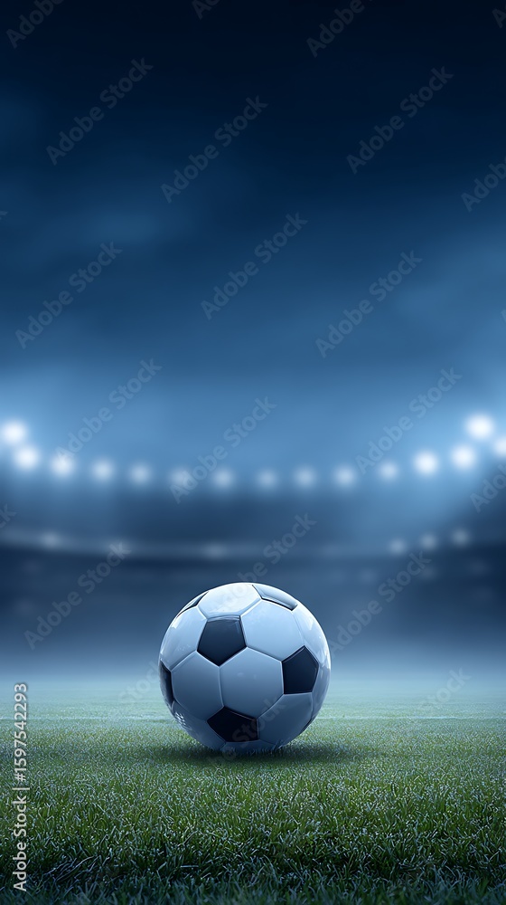 Fototapeta premium Soccer ball on a green field under stadium lights