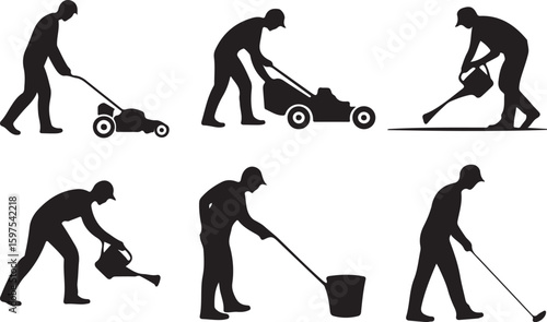 Collection Of Silhouettes vector Of Farmworkers. Icons of workers with diverse tools and instruments. Silhouettes of Farmers Working with Shovels, Rakes, and Hoes in Fields