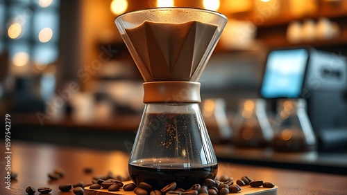 Fresh coffee beans beside a Chemex brewer in warm, inviting lighting.