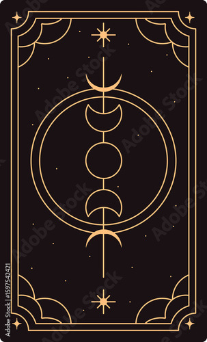 Esoteric tarot card, back reverse design. Lunar poster with moon phases, crescent cycle, golden geometric pattern, celestial cosmic symbols. Sacred occult astrology. Flat vector illustration