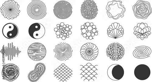 A collection of various black and white icons with yin yang, floral, and geometric patterns.