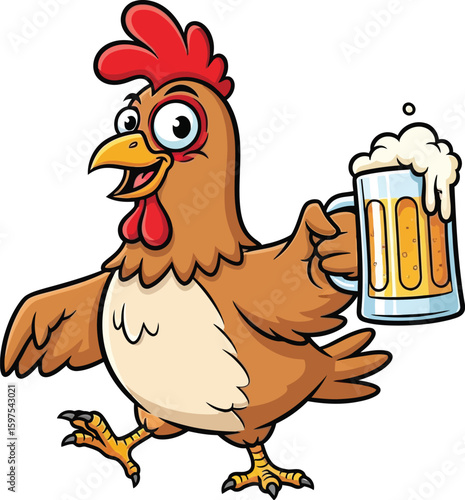 Cartoon chicken with a beer mug isolated on transparent background