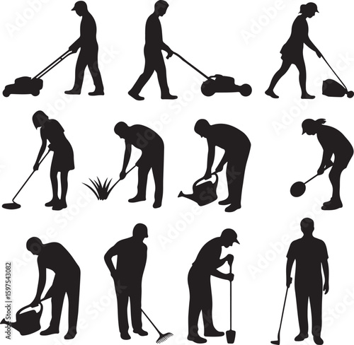 Collection Of Silhouettes vector Of Farmworkers. Icons of workers with diverse tools and instruments. Silhouettes of Farmers Working with Shovels, Rakes, and Hoes in Fields