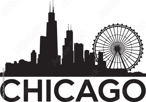 Chicago city skyline silhouette featuring iconic buildings and Ferris wheel landmark