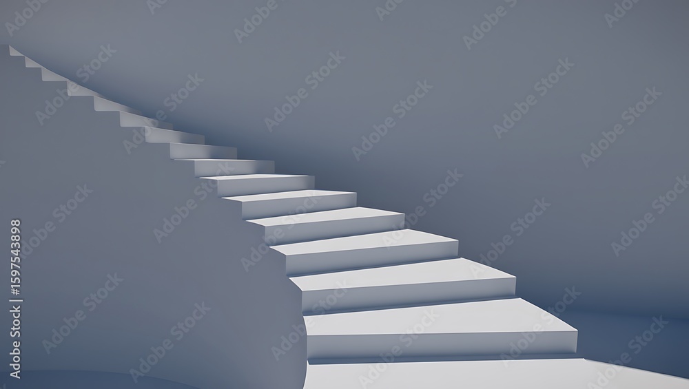 Fototapeta premium Abstract Minimalist White Staircase Ascending Against a Plain Blue Gray Wall with Geometric Shapes and Lines Concept of Progress and Ambition