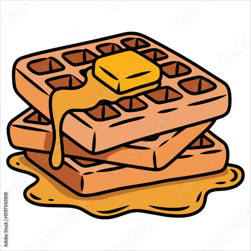 Baked waffles with melted butter on top, sweet breakfast dessert vector, outline food art ideal for cooking, menu design, and dessert themed graphics