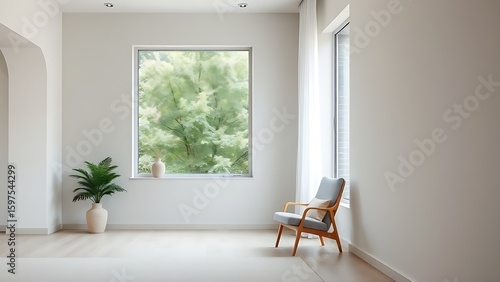 Sleek living room featuring a single chair by a large window, with natural light and blurred outdoor greenery.