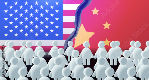 Trade war concept USA China flags torn background abstract crowd divided symbolic conflict graphic design template