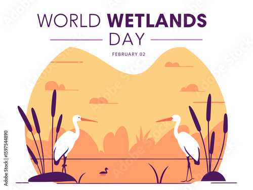 World Wetlands Day Illustration with White Herons and Cattails in a Flat Design Style