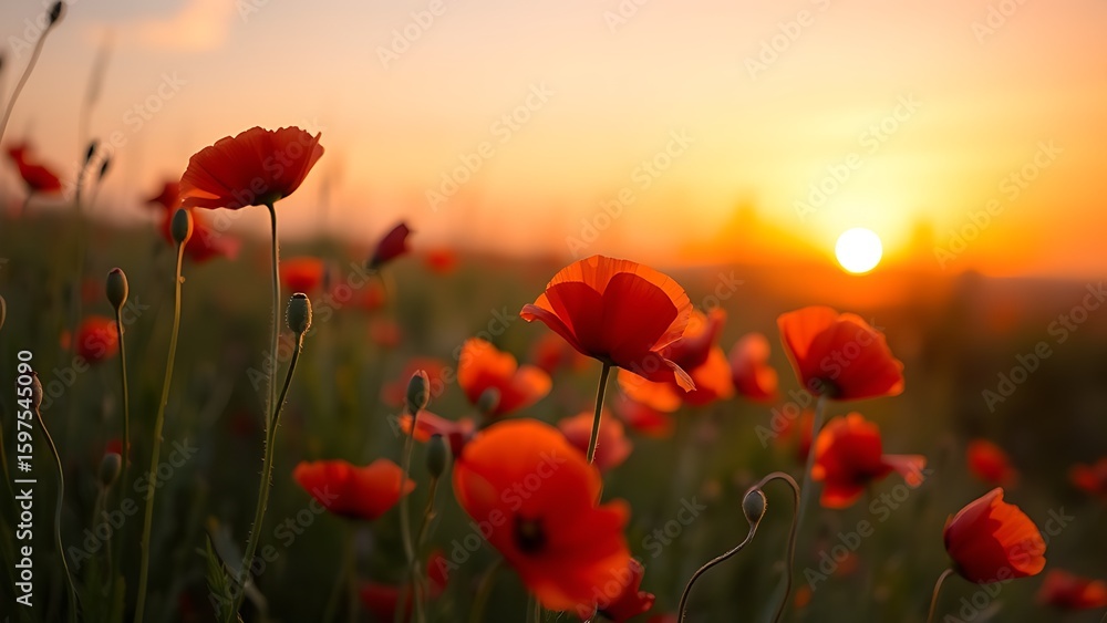 Fototapeta premium Vibrant red poppies glowing under the golden light of a sunset.