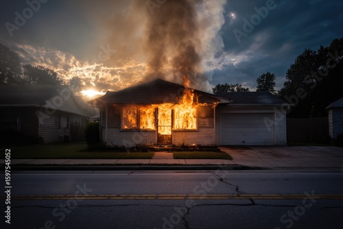 Burning house at sunset