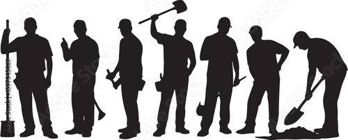 Collection Of Silhouettes vector Of Farmworkers. Icons of workers with diverse tools and instruments. Silhouettes of Farmers Working with Shovels, Rakes, and Hoes in Fields
