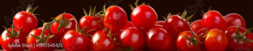 fresh cherry tomatoes with green stems. Generative ai vector illustration. Wide banner illustration