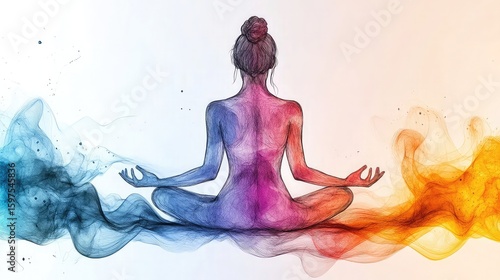 Spiritual drawings with meditative poses, symbolic visuals, and emotional energy rendered in stylized line art for wellness design, mindfulness content, or artistic themes.