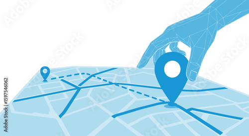 Find location on map with hand placing pin for gps navigation and route planning destination search