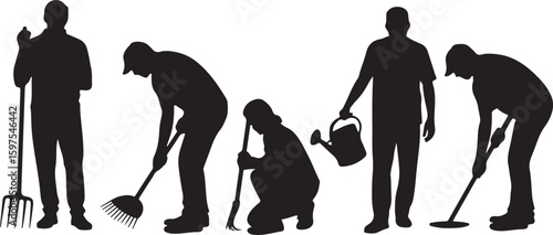Collection Of Silhouettes vector Of Farmworkers. Icons of workers with diverse tools and instruments. Silhouettes of Farmers Working with Shovels, Rakes, and Hoes in Fields