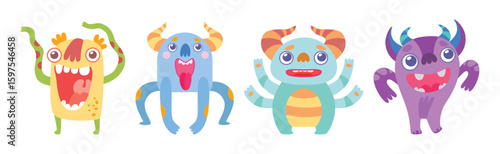 Cute Monster Character as Toothy Mutant with Funny Friendly Face Vector Set