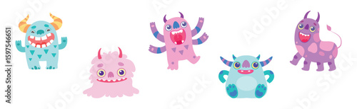 Cute Monster Character as Toothy Mutant with Funny Friendly Face Vector Set