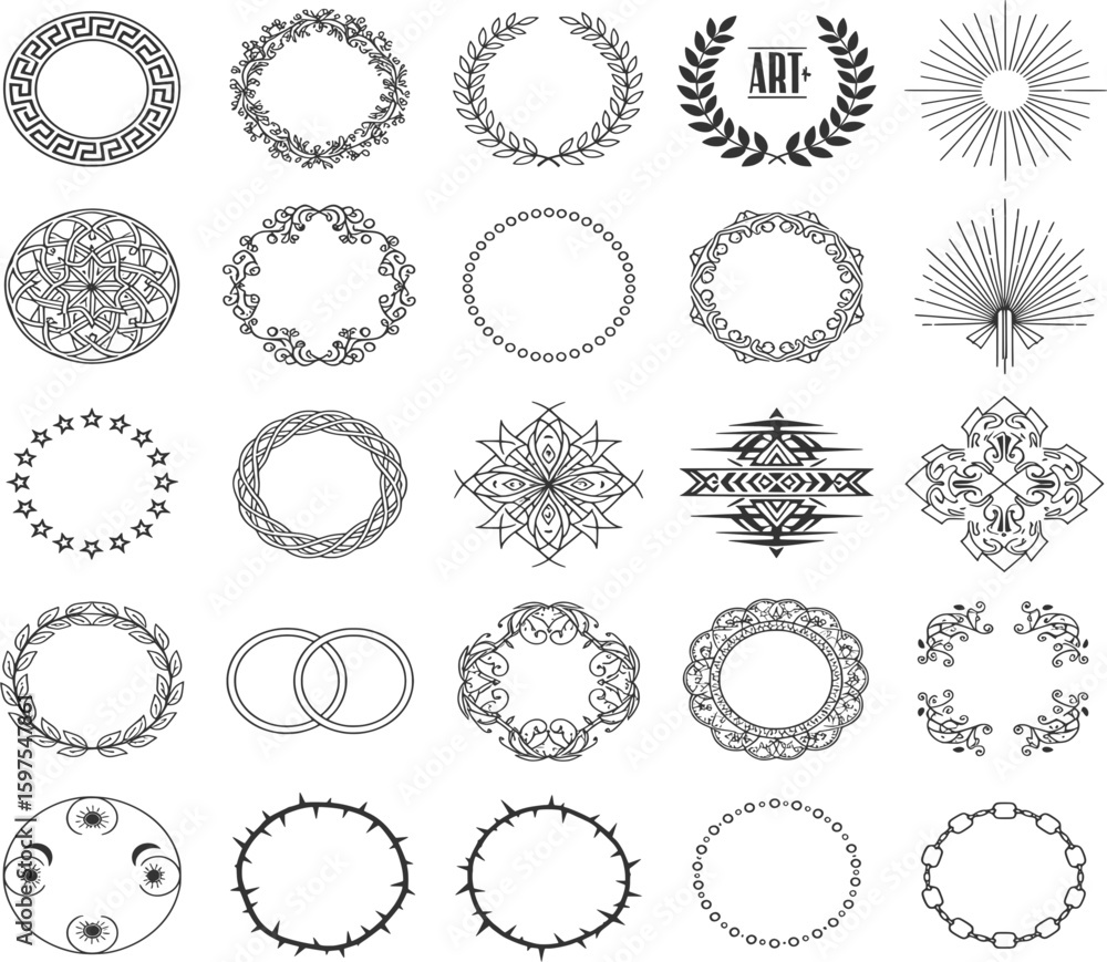 Obraz premium A collection of various circular icons with abstract, geometric, and laurel wreath designs.