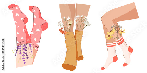 Socks with Flowers Inside on Female Legs set. Women legs wearing colorful socks filled with wildflowers. Fashion vector illustrations, creative concepts, social media, modern poster , lifestyle blog