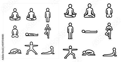 Yoga and meditation outline icons set – wellness, pose, mindfulness symbols