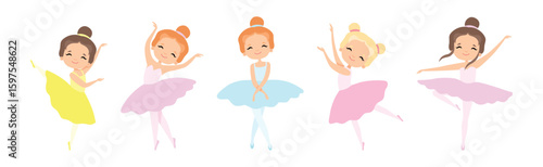 Lovely Little Ballerina in Tutu Skirt and Leotard Dancing and Training Vector Set