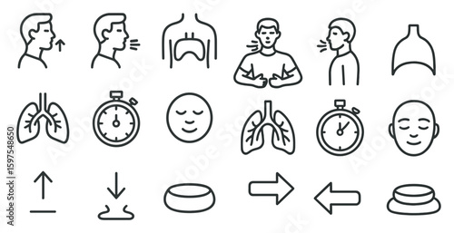 Breathing and relaxation line icons set – calming, outline, health and wellness symbols