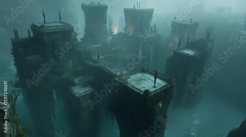 Misty, overgrown, ruined structures float in a watery valley