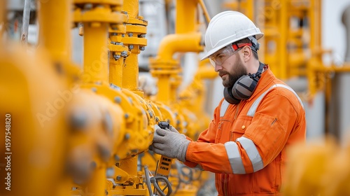 Male industrial worker in safety gear adjusting a valve on a yellow pipeline system