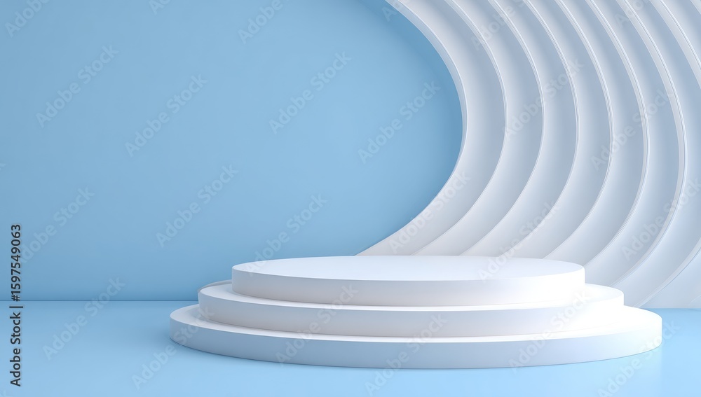Obraz premium White podium on light blue background with abstract curves