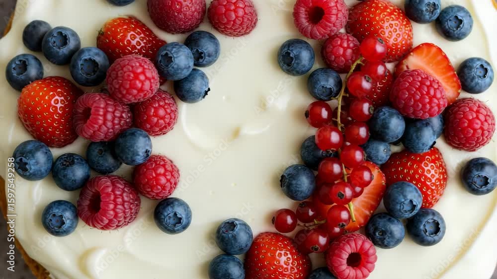 Delicious Cake Topped with Fresh Strawberries Raspberries Blueberries and White Cream Close Up Perfect for Adobe Stock