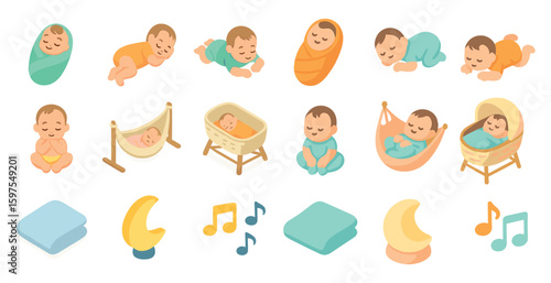 Baby care icons set: isometric infant, parenting, childcare symbols