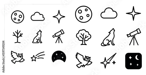 Nature and astronomy outline icons set – linear, silhouette, wildlife and stargazing
