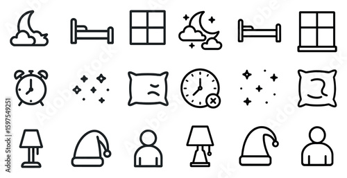 Sleep and bedtime outline icons set – linear, night, rest and relaxation symbols