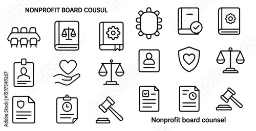 Nonprofit board counsel icons set – outline, governance, legal symbols and tools