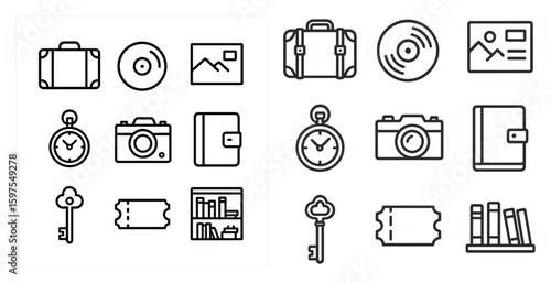 Travel and photography line icons set – outline, minimalist vacation symbols