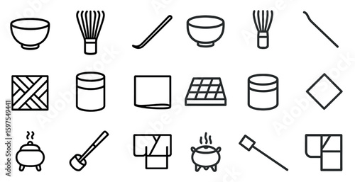 Traditional japanese tea icons set – line, flat, matcha and ceremony symbols
