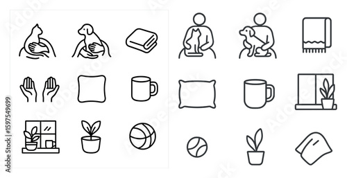 Home comfort icons set – outline, linear, cozy and relaxation symbols