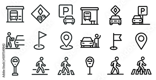 Transportation and parking outline icons set – traffic, location, public transport symbols