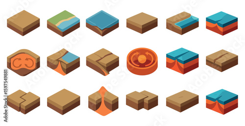 Geology icons set – flat, solid, earth and terrain representation symbols