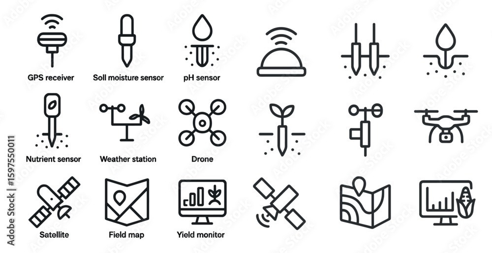 Fototapeta premium Agriculture and technology line icons set – outline, farming, precision tools